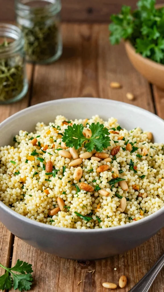 18 High Protein Thanksgiving Sides to Wow Your Guests and Keep It Light - 18. Herbed Couscous with Toasted Pine Nuts