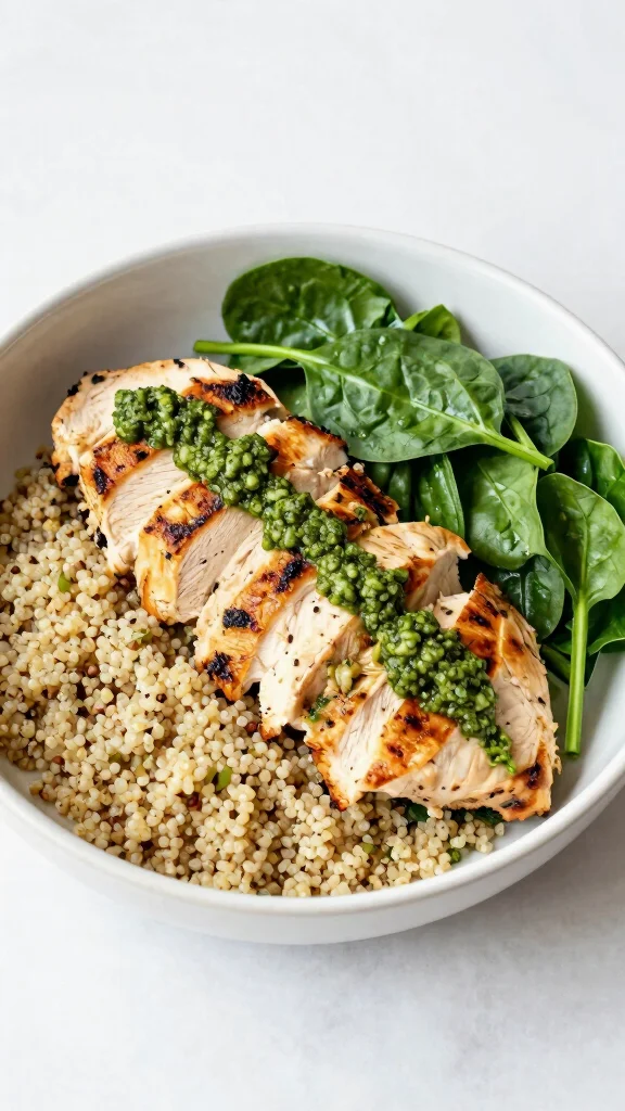 19 High-Protein Lunch Bowls for Easy, Filling Meal Prep - 13. Pesto Chicken and Spinach Bowl