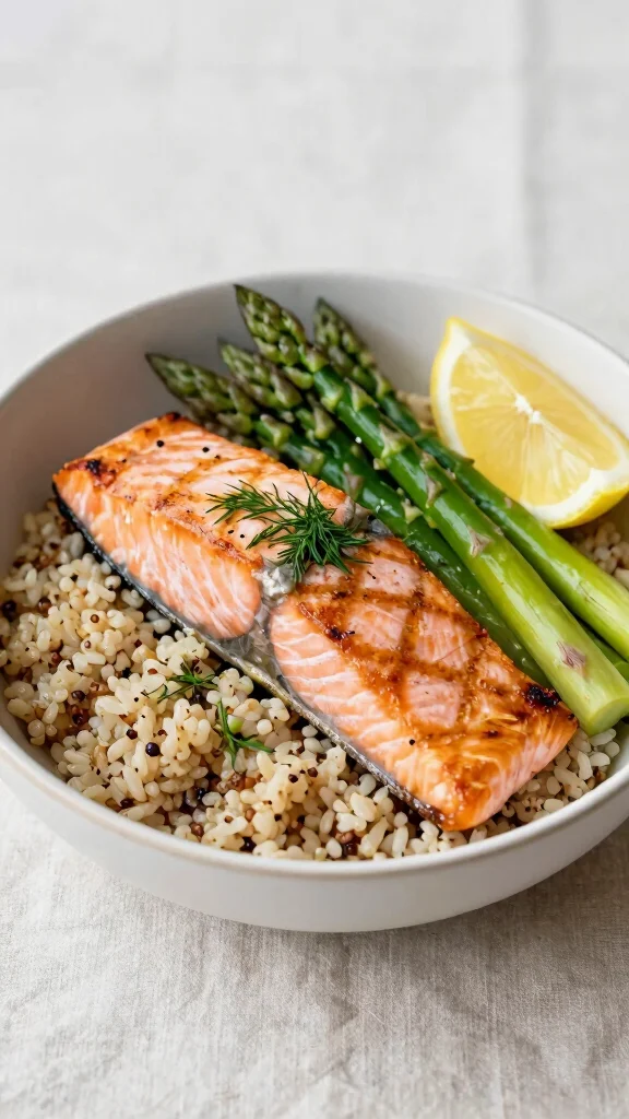 19 High-Protein Lunch Bowls for Easy, Filling Meal Prep - 16. Salmon and Asparagus Bowl