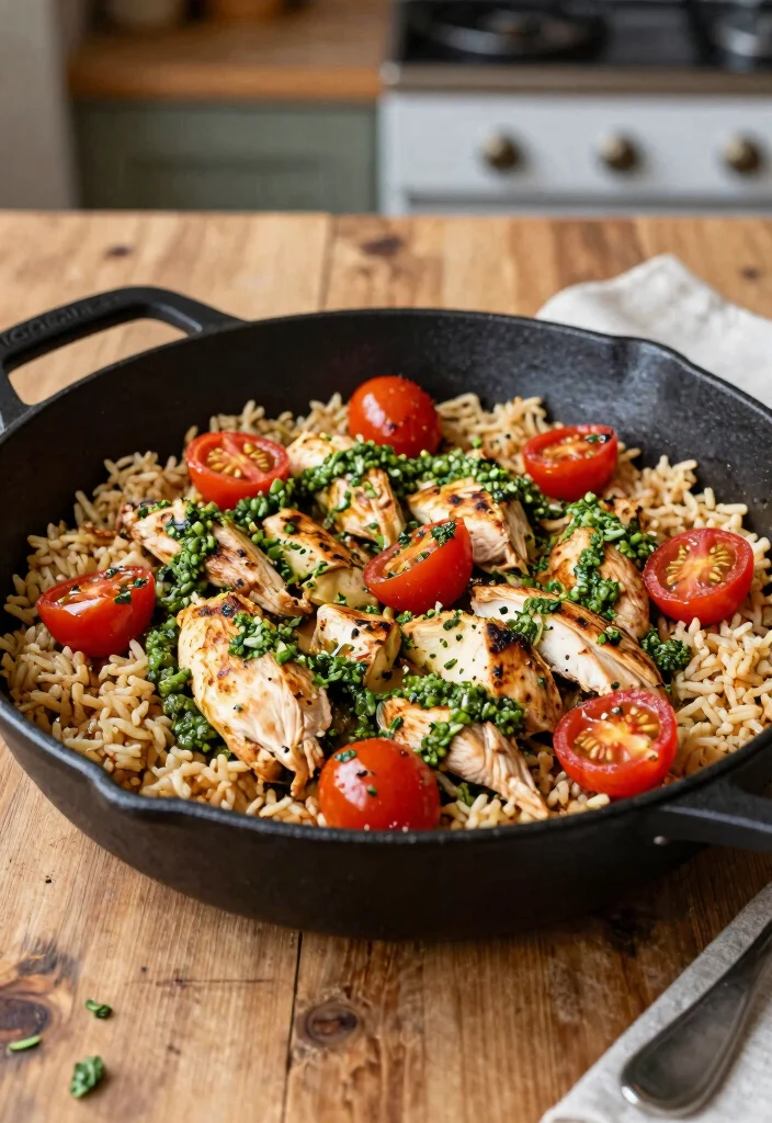 16 Chicken and Rice Meal Prep Recipes for Fitness Enthusiasts - 11. Pesto Chicken Rice Skillet 1