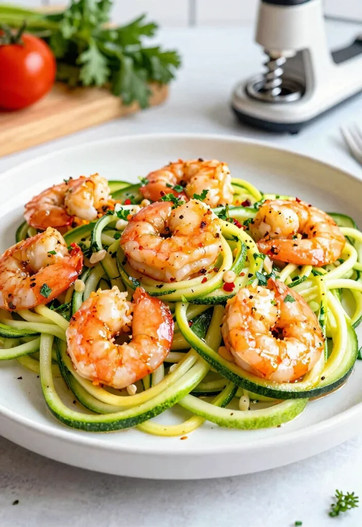 16 Shrimp Veggie Stir Fry Recipes That Are Light - 4. Spicy Garlic Shrimp with Zucchini Noodles 1
