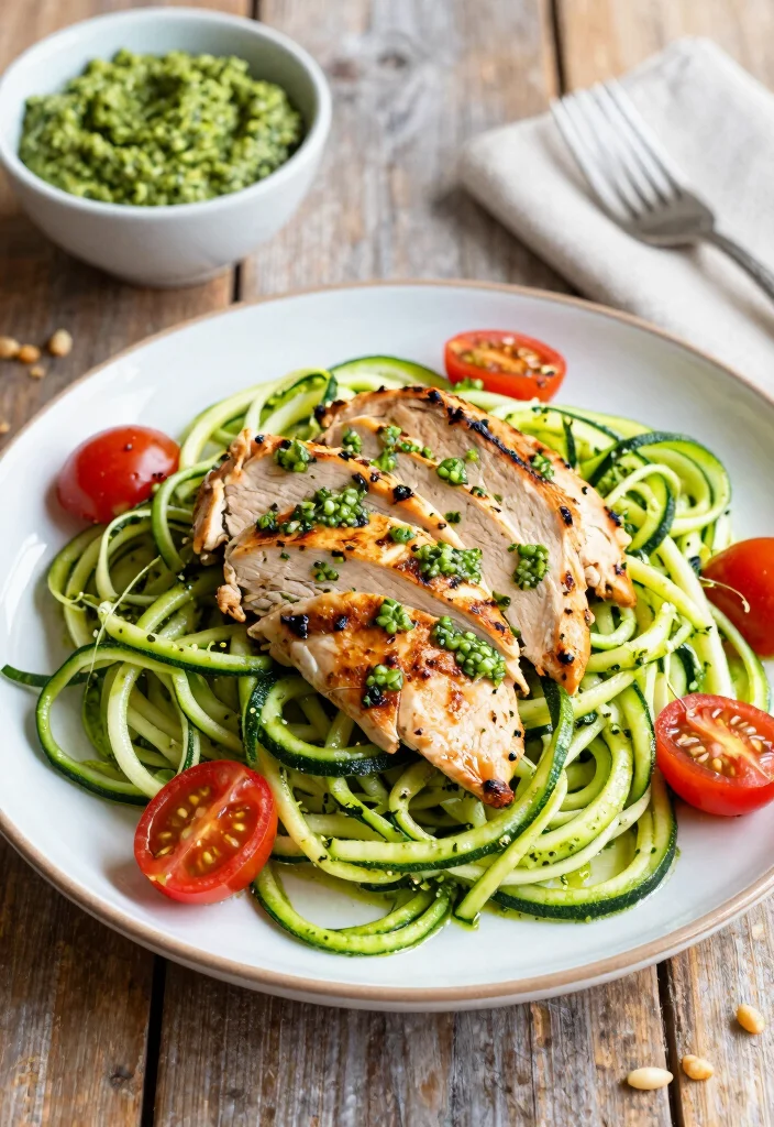 17 High Protein Low Carb Meal Prep Recipes - 6. Zucchini Noodles with Pesto and Chicken 1