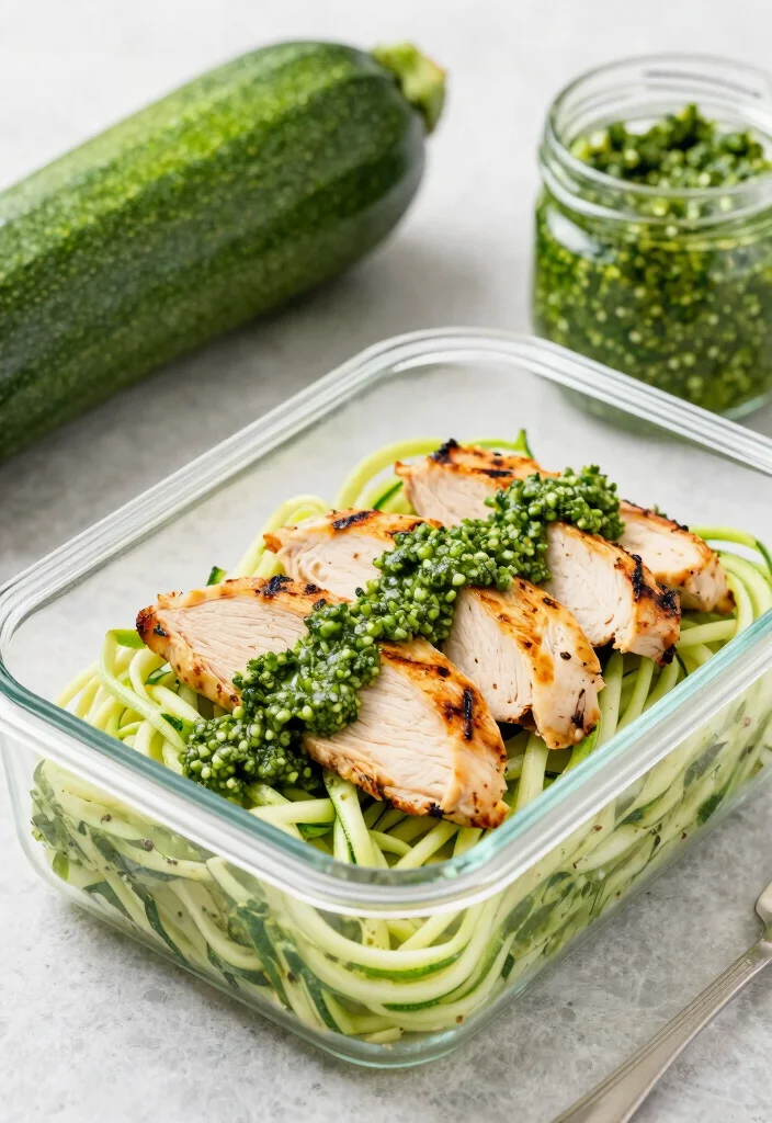 17 High Protein Meal Prep Ideas for the Week - 13. Zucchini Noodles with Pesto and Chicken 1