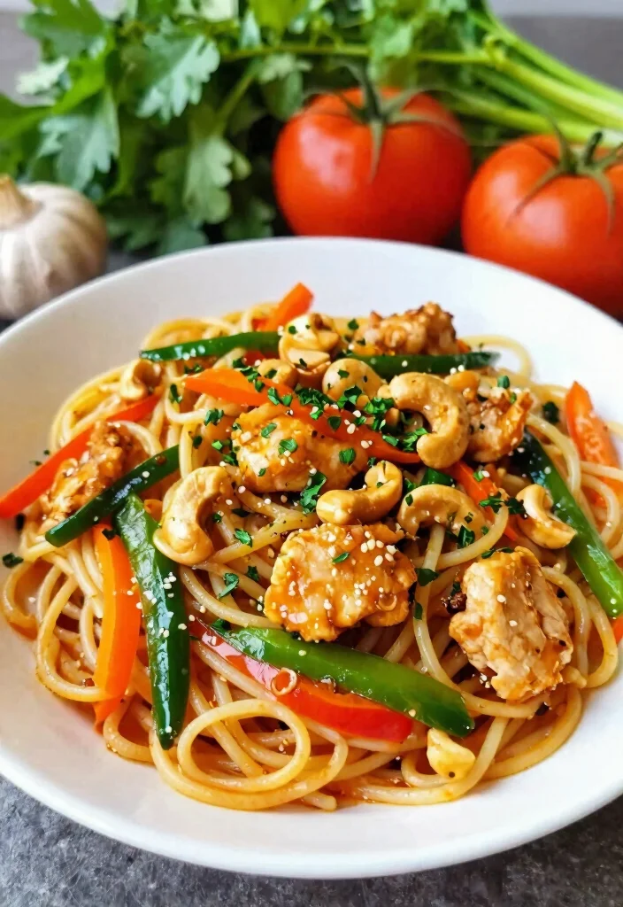18 Chicken Cashew Stir Fry Recipes With Crunchy Texture - 16. Spaghetti Cashew Chicken Stir Fry 1