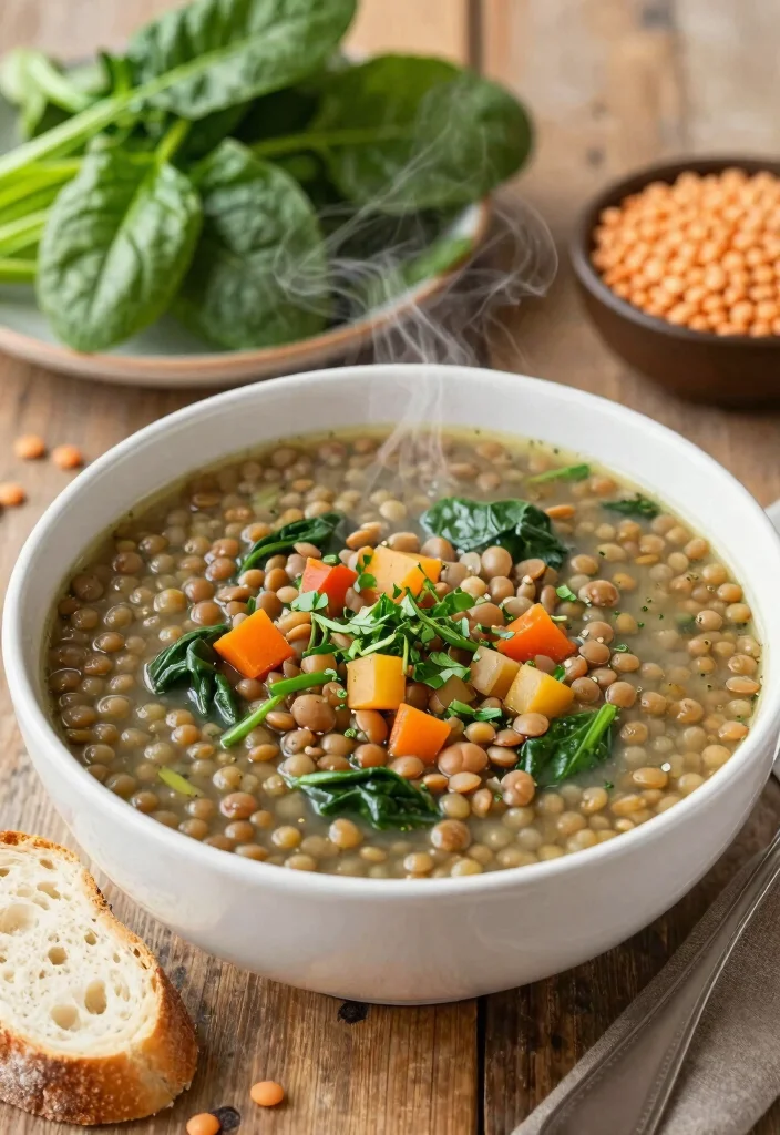 20 Meal Prep Recipes for the Week: Easy & Healthy Plant-Based Ideas - 4. Lentil Soup with Spinach 1
