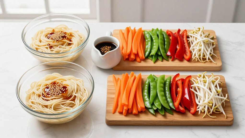 prepare noodles sauce veggies