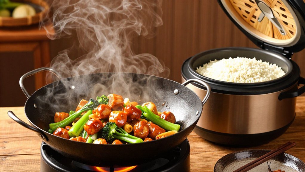 stir fry and jasmine rice synchronized